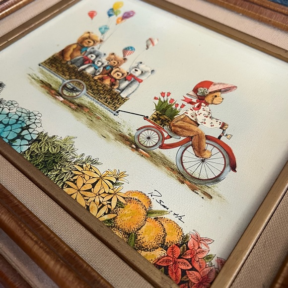R. Smith signed hand painted framed teddy bear wagon art on stretched canvas - Picture 2 of 7